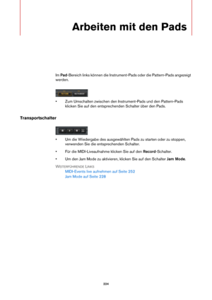 Page 224224
Arbeiten mit den Pads
Im Pad -Bereich links können die Instrument-Pads oder die Pattern-Pads angezeigt 
werden.
• Zum Umschalten zwischen den Inst rument-Pads und den Pattern-Pads 
klicken Sie auf den entsprechenden Schalter über den Pads.
Transportschalter
• Um die Wiedergabe des ausgewählten Pads zu starten oder zu stoppen,  verwenden Sie die entsprechenden Schalter.
• Für die MIDI-Liveaufnahme klicken Sie auf den  Rec
 ord-Schalter.
• Um den Jam Mode zu aktivieren, klicken Sie auf den Schalter...