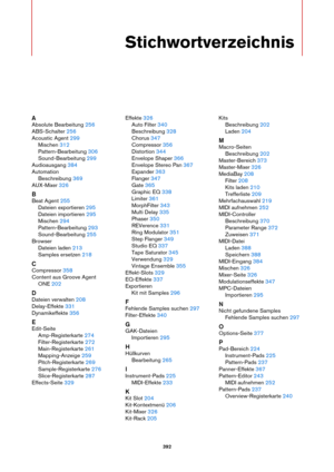 Page 392392
Stichwortverzeichnis
A
Absolute Bearbeitung 256
ABS-Schalter
 256
Acoustic Agent
 299
Mischen
 312
Pattern-Bearbeitung
 306
Sound-Bearbeitung
 299
Audioausgang
 384
Automation Beschreibung
 369
AUX-Mixer
 326
B
Beat Agent 255
Dateien exportieren
 295
Dateien importieren
 295
Mischen
 294
Pattern-Bearbeitung
 293
Sound-Bearbeitung
 255
Browser Dateien laden
 213
Samples ersetzen
 218
C
Compressor 358
Content aus Groove Agent  ONE
 202
D
Dateien verwalten 208
Delay-Effekte
 331
Dynamikeffekte
 356
E...