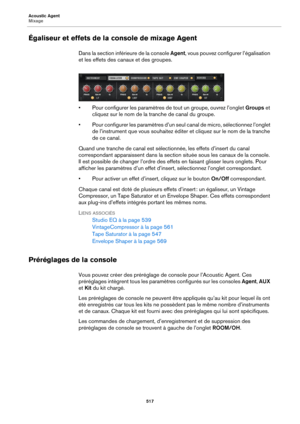 Page 517Acoustic Agent
Mixage517
Égaliseur et effets de la console de mixage Agent
Dans la section inférieure de la console Agent, vous pouvez configurer l’égalisation 
et les effets des canaux et des groupes.
• Pour configurer les paramètres de tout un groupe, ouvrez l’onglet Groups  et 
cliquez sur le nom de la tranche de canal du groupe.
• Pour configurer les paramètres d’un seul  c
 anal de micro, sélectionnez l’onglet 
de l’instrument que vous so uhaitez éditer et cliquez sur le nom de la tranche 
de ce...