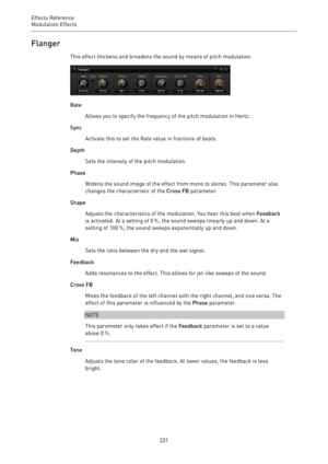 Page 231Effects Reference
Modulation Effects 
231Flanger
This effect thickens and broadens the sound by means of pitch modulation.
Rate
Allows you to specify the frequency of the pitch modulation in Hertz.
Sync
Activate this to set the Rate value in fractions of beats.
Depth
Sets the intensity of the pitch modulation.
Phase
Widens the sound image of the effect from mono to stereo. This parameter also
changes the characteristic of the Cross FB parameter.
Shape
Adjusts the characteristics of the modulation. You...