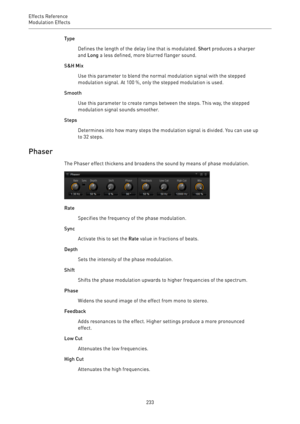 Page 233Effects Reference
Modulation Effects 
233Type
Defines the length of the delay line that is modulated. Short produces a sharper
and Long a less defined, more blurred flanger sound.
S&H Mix
Use this parameter to blend the normal modulation signal with the stepped
modulation signal. At 100 %, only the stepped modulation is used.
Smooth
Use this parameter to create ramps between the steps. This way, the stepped
modulation signal sounds smoother.
Steps
Determines into how many steps the modulation signal is...