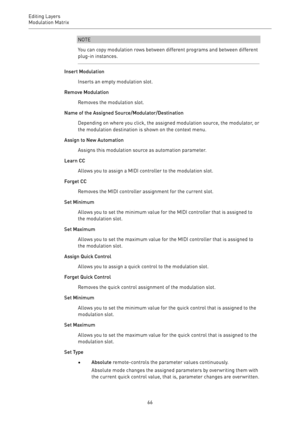 Page 66Editing Layers
Modulation Matrix 
66NOTE
You can copy modulation rows between different programs and between different
plug-in instances.
Insert Modulation
Inserts an empty modulation slot.
Remove Modulation
Removes the modulation slot.
Name of the Assigned Source/Modulator/Destination
Depending on where you click, the assigned modulation source, the modulator, or
the modulation destination is shown on the context menu.
Assign to New Automation
Assigns this modulation source as automation parameter....