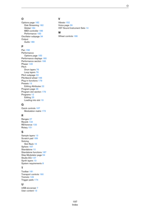 Page 197197
IndexO
O
Options page 182
Disk Streaming 182
Global 184
MIDI controller 186
Performance 183
Oscillator subpage 34
Output
Audio 189
P
Pan 158
Performance
Options page 183
Performance displays 180
Performance section 166
Phaser 149
Pitch
Drum layers 76
Loop layers 76
Pitch subpage 33
Pitchbend wheel 166
Plug-in functions 179
Presets 13
Editing Attributes 22
Program page 26
Program slot section 179
Programs 12
Editing 25
Loading into slot 19
Q
Quick controls 167
Modulation matrix 173
R
Ranges 27
Reverb...