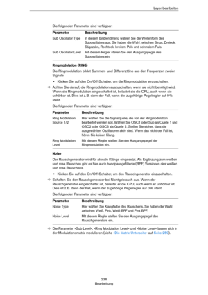 Page 236236
BearbeitungLayer bearbeiten
Die folgenden Parameter sind verfügbar:
Ringmodulation (RING)
Die Ringmodulation bildet Summen- und Differenztöne aus den Frequenzen zweier 
Signale.
•Klicken Sie auf den On/Off-Schalter, um die Ringmodulation einzuschalten.
ÖAchten Sie darauf, die Ringmodulation auszuschalten, wenn sie nicht benötigt wird. 
Wenn die Ringmodulation eingeschaltet ist, belastet sie die CPU, auch wenn sie 
unhörbar ist. Dies ist z.
 B. dann der Fall, wenn der zugehörige Pegelregler auf 0 %...