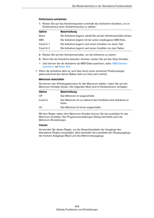 Page 404404
Globale Funktionen und EinstellungenDie Bedienelemente in der Standalone-Funktionsleiste
Performance aufnehmen
1.Klicken Sie auf das Aufnahmesymbol unterhalb des Aufnahme-Schalters, um im 
Einblendmenü einen Aufnahmemodus zu wählen:
2.Klicken Sie auf den Aufnahmeschalter, um die Aufnahme zu starten.
3.Wenn Sie die Aufnahme beenden möchten, klicken Sie auf den Stop-Schalter.
•Jetzt können Sie die Aufnahme als MIDI-Datei speichern, siehe »MIDI-Dateien 
speichern« auf Seite 403.
ÖWenn die Aufnahme aktiv...