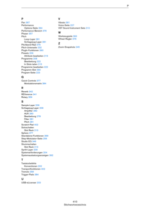 Page 410410
StichwortverzeichnisP
P
Pan 367
Performance
Options-Seite 394
Performance-Bereich 376
Phaser 357
Pitch
Loop-Layer 281
Schlagzeug-Layer 281
Pitchbend-Rad 376
Pitch-Unterseite 232
PlugIn-Funktionen 390
Presets 209
Attribute bearbeiten 219
Programme 208
Bearbeitung 222
In Slots laden 215
Programme bearbeiten 222
Programm-Slot 390
Program-Seite 223
Q
Quick Controls 377
Modulationsmatrix 384
R
Reverb 342
REVerence 341
Rotary 359
S
Sample-Layer 209
Schlagzeug-Layer 209
Amplifier 282
AUX 283
Bearbeitung...