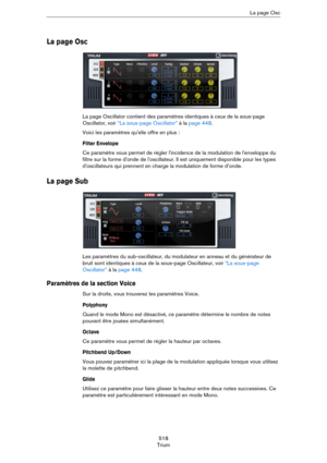 Page 518518
TriumLa page Osc
La page Osc
La page Oscillator contient des paramètres identiques à ceux de la sous-page 
Oscillator, voir 
“La sous-page Oscillator” à la page 448. 
Voici les paramètres qu'elle offre en plus :
Filter Envelope
Ce paramètre vous permet de régler l'incidence de la modulation de l'enveloppe du 
filtre sur la forme d'onde de l'oscillateur. Il est uniquement disponible pour les types 
d'oscillateurs qui prennent en charge la modulation de forme d’onde. 
La page...