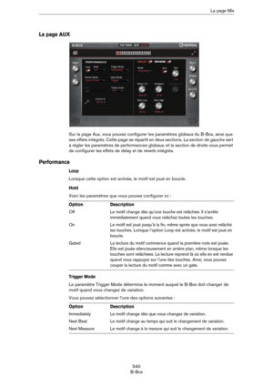Page 540540
B-BoxLa page Mix
La page AUX
Sur la page Aux, vous pouvez configurer les paramètres globaux du B-Box, ainsi que 
ses effets intégrés. Cette page se répartit en deux sections. La section de gauche sert 
à régler les paramètres de performances globaux, et la section de droite vous permet 
de configurer les effets de delay et de réverb intégrés.
Performance
Loop
Lorsque cette option est activée, le motif est joué en boucle.
Hold
Voici les paramètres que vous pouvez configurer ici :
Trigger Mode
Le...