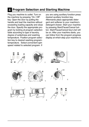 Page 11
11
      Program Selection and Starting Machine4
Plug you machine to outlet. Turn on 
the machine by pressing “On / Off” 
key. Open the door by pulling the 
handle and load the machine without 
exceeding loading capacity and close 
the door. Specify the appropriate pro-
gram by looking at program selection 
table according to type of laundry, 
degree of soiledness and washing 
temperature. Position program selec-
tion key to desired washing program-
temperature.  Select convenient spin 
speed related to...