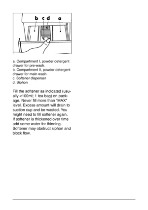 Page 8
8
a. Compartment I, powder detergent 
drawer for pre-wash.
b. Compartment II, powder detergent 
drawer for main wash.
c. Softener dispenser
d. Siphon
Fill the softener as indicated (usu-
ally 