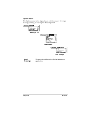 Page 169Chapter 5 Page 161
Options menus
The Options menu varies depending on whether you are viewing a 
message, creating, or viewing the iMessenger List.
About 
iMessengerShows version information for the iMessenger 
application.
iMessenger List
New Message
View Message 