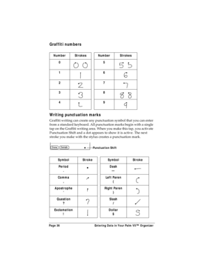 Page 44Page 36  Entering Data in Your Palm VII™ Organizer
Graffiti numbers
Writing punctuation marks
Graffiti writing can create any punctuation symbol that you can enter 
from a standard keyboard. All punctuation marks begin with a single 
tap on the Graffiti writing area. When you make this tap, you activate 
Punctuation Shift and a dot appears to show it is active. The next 
stroke you make with the stylus creates a punctuation mark.Number Strokes Number Strokes
0
    5    
1 6
27
 
38    
4    9
Symbol...