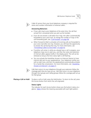 Page 19NBX Business Telephone Guide19
Caller ID service from your local telephone company is required for 
name and number information of external callers.
Answering Behaviors
nIf two calls ring to your telephone at the same time, the call that 
arrived first is answered when you pick up the handset.
nIf you do not answer a call within four rings, the caller is automatically 
forwarded to your voice mail. To change the number of rings or the 
call forwarding path, see “Call Forward”
 on page 48.
nWhen Forward...