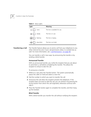 Page 2020CHAPTER 2: USING THE TELEPHONE
Transferring a CallThe Transfer feature allows you to send a call from your telephone to any 
other internal line and, if your call permissions allow, to outside lines as 
well. For more information, see “Call Permissions”
 on page 48. 
You can transfer a call in two ways: by announcing the transfer or by 
sending a blind transfer. 
Announced Transfer
With an announced transfer, you notify the recipient that you are about 
to send them a call before completing the...