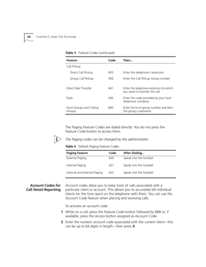 Page 2424CHAPTER 2: USING THE TELEPHONE
The Paging Feature Codes are dialed directly. You do not press the 
Feature Code button to access them. 
The Paging codes can be changed by the administrator.
Account Codes for
Call Detail ReportingAccount codes allow you to keep track of calls associated with a 
particular client or account. This allows you to accurately bill individual 
clients for the time spent on the telephone with them. You can use the 
Account Code feature when placing and receiving calls.
To...