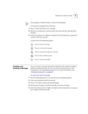 Page 39NBX Business Telephone Guide39
If a message is marked Private, it cannot be forwarded.
To forward a message with comments:
1Press ‘5’ after listening to the message.
2Record an introductory comment after the tone and then press # when 
finished.
3Enter the extension or mailbox number(s) of the recipient(s), or group list 
number, and then press #.
Choose from the following options:
Creating and 
Sending a MessageYou can record a message and send it directly to the recipient’s mailbox 
without actually...