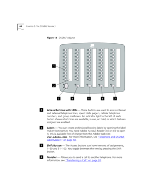 Page 6464CHAPTER 5: THE DSS/BLF ADJUNCT
Figure 13   DSS/BLF Adjunct
Access Buttons with LEDs — These buttons are used to access internal 
and external telephone lines, speed dials, pagers, cellular telephone 
numbers, and group mailboxes. An indicator light to the left of each 
button shows which lines are available, in use, on hold, or which features 
assigned are enabled. 
Labels — You can create professional looking labels by opening the label 
maker from NetSet. You need Adobe Acrobat Reader 3.0 or 4.0 to...