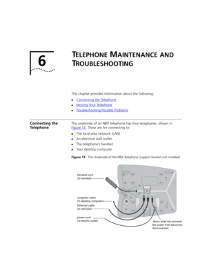 Page 676
TELEPHONE MAINTENANCE AND 
T
ROUBLESHOOTING
This chapter provides information about the following:
nConnecting the Telephone
nMoving Your Telephone
nTroubleshooting Possible Problems
Connecting the 
TelephoneThe underside of an NBX telephone has four receptacles, shown in 
Figure 14
. These are for connecting to:
nThe local area network (LAN)
nAn electrical wall outlet
nThe telephone’s handset
nYour desktop computer
Figure 14   The Underside of the NBX Telephone (support bracket not installed)
handset...