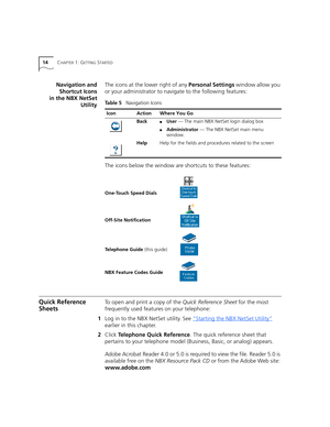 Page 1414CHAPTER 1: GETTING STARTED
Navigation and
Shortcut Icons
in the NBX NetSet
UtilityThe icons at the lower right of any Personal Settings window allow you 
or your administrator to navigate to the following features:
The icons below the window are shortcuts to these features:
Quick Reference 
SheetsTo open and print a copy of the Quick Reference Sheet for the most 
frequently used features on your telephone:
1Log in to the NBX NetSet utility. See “Starting the NBX NetSet Utility”
 
earlier in this...