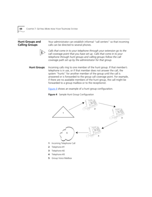 Page 6868CHAPTER 7: GETTING MORE FROM YOUR TELEPHONE SYSTEM
Hunt Groups and 
Calling GroupsYour administrator can establish informal “call centers” so that incoming 
calls can be directed to several phones.
Calls that come in to your telephone through your extension go to the 
call coverage point that you have set up. Calls that come in to your 
telephone through hunt groups and calling groups follow the call 
coverage path set up by the administrator for that group.
Hunt GroupsIncoming calls ring to one member...