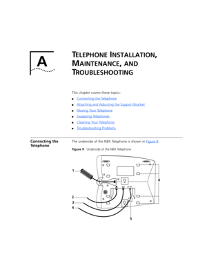 Page 85A
TELEPHONE INSTALLATION, 
M
AINTENANCE, AND 
T
ROUBLESHOOTING
This chapter covers these topics:
■Connecting the Telephone
■Attaching and Adjusting the Support Bracket
■Moving Your Telephone
■Swapping Telephones
■Cleaning Your Telephone
■Troubleshooting Problems
Connecting the 
TelephoneThe underside of the NBX Telephone is shown in Figure 9.
Figure 9   Underside of the NBX Telephone
5
43 21
6 