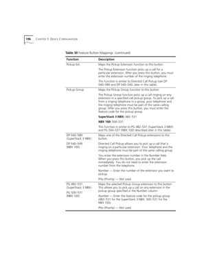 Page 196196CHAPTER 3: DEVICE CONFIGURATION
Pickup Ext.Maps the Pickup Extension function to this button.
The Pickup Extension function picks up a call for a 
particular extension. After you press this button, you must 
enter the extension number of the ringing telephone.
This function is similar to Directed Call Pickup (see DP 
540–589 and DP 540–549, later in this table).
Pickup GroupMaps the Pickup Group function to this button.
The Pickup Group function picks up a call ringing on any 
extension in a specified...