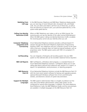 Page 21Overview of the System Software21
Redialing From
Call LogsIn the NBX Business Telephone and NBX Basic Telephone display panels, 
you can view logs of recent Missed Calls, Answered Calls, and Dialed 
Calls. You can select and redial a call from any of these lists, as well as 
from the directory of internal users, your personal speed dial list, or the 
system-wide speed dial list.
Calling Line Identity
Restriction (CLIR)When an NBX Telephone user makes a call on an ISDN channel, the 
receiving party can...