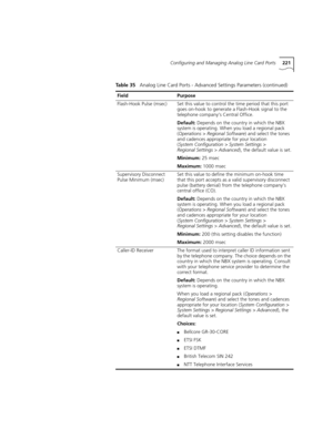 Page 221Configuring and Managing Analog Line Card Ports221
Flash-Hook Pulse (msec)Set this value to control the time period that this port 
goes on-hook to generate a Flash-Hook signal to the 
telephone company’s Central Office.
Default: Depends on the country in which the NBX 
system is operating. When you load a regional pack 
(Operations > Regional Software) and select the tones 
and cadences appropriate for your location 
(System Configuration > System Settings > 
Regional Settings > Advanced), the default...