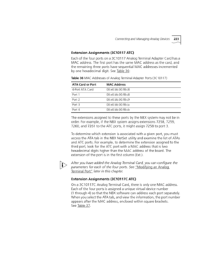 Page 223Connecting and Managing Analog Devices223
Extension Assignments (3C10117 ATC)
Each of the four ports on a 3C10117 Analog Terminal Adapter Card has a 
MAC address. The first port has the same MAC address as the card, and 
the remaining three ports have sequential MAC addresses incremented 
by one hexadecimal digit. See Table 36
:
The extensions assigned to these ports by the NBX system may not be in 
order. For example, if the NBX system assigns extensions 7258, 7259, 
7260, and 7261 to the ATC ports, it...