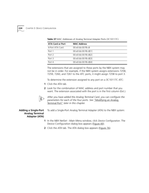 Page 224224CHAPTER 3: DEVICE CONFIGURATION
The extensions that are assigned to these ports by the NBX system may 
not be in order. For example, if the NBX system assigns extensions 7258, 
7259, 7260, and 7261 to the ATC ports, it might assign 7258 to port 3.
To determine the extension assigned to any port on a 3C10117C ATC:
1Click the ATA tab.
2Look for the combination of MAC address and port number that you 
want. The extension associated with the port is in the first column (Ext.).
After you have added the...