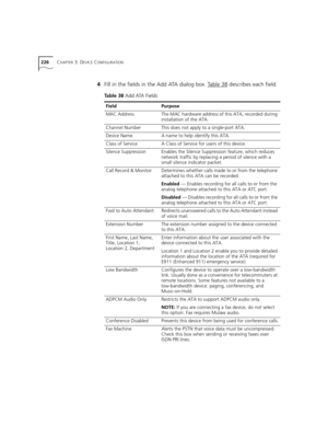 Page 226226CHAPTER 3: DEVICE CONFIGURATION
4Fill in the fields in the Add ATA dialog box. Table 38 describes each field.
Table 38 Add ATA Fields
FieldPurpose
MAC AddressThe MAC hardware address of this ATA, recorded during 
installation of the ATA.
Channel NumberThis does not apply to a single-port ATA.
Device NameA name to help identify this ATA.
Class of ServiceA Class of Service for users of this device.
Silence SuppressionEnables the Silence Suppression feature, which reduces 
network traffic by replacing a...
