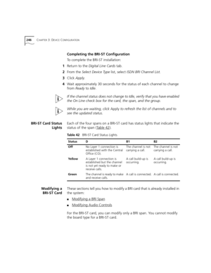 Page 246246CHAPTER 3: DEVICE CONFIGURATION
Completing the BRI-ST Configuration
To complete the BRI-ST installation:
1Return to the Digital Line Cards tab.
2From the Select Device Type list, select ISDN BRI Channel List.
3Click Apply.
4Wait approximately 30 seconds for the status of each channel to change 
from Ready to Idle.
If the channel status does not change to Idle, verify that you have enabled 
the On Line check box for the card, the span, and the group.
While you are waiting, click Apply to refresh the...