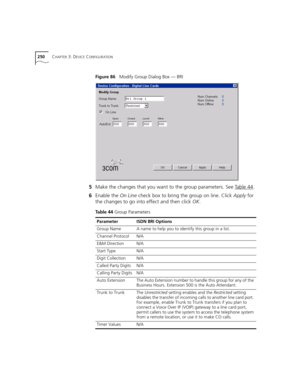 Page 250250CHAPTER 3: DEVICE CONFIGURATION
Figure 86   Modify Group Dialog Box — BRI
5Make the changes that you want to the group parameters. See Table 44. 
6Enable the On Line check box to bring the group on line. Click Apply for 
the changes to go into effect and then click OK.
Table 44 Group Parameters
ParameterISDN BRI Options
Group NameA name to help you to identify this group in a list.
Channel ProtocolN/A
E&M DirectionN/A
Start TypeN/A
Digit CollectionN/A
Called Party DigitsN/A
Calling Party DigitsN/A...