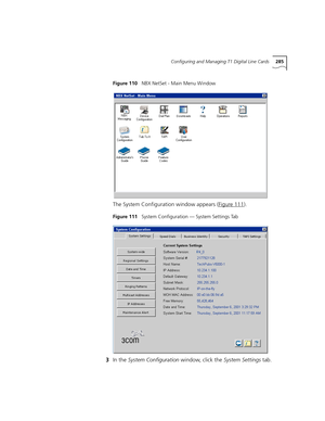 Page 285Configuring and Managing T1 Digital Line Cards285
Figure 110   NBX NetSet - Main Menu Window
The System Configuration window appears (Figure 111).
Figure 111   System Configuration — System Settings Tab
3In the System Configuration window, click the System Settings tab. 