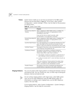 Page 336336CHAPTER 5: SYSTEM CONFIGURATION
TimersSystem timers enable you to set time-out periods for the NBX system 
features that are described in Table 52
. To set timers, select System 
Configuration > System Settings > Timers. See the Help for the procedure 
on setting timers.
Ringing PatternsYou can set system-wide ringing patterns to distinguish between internal 
and external calls. You can choose one, two, or three rings to distinguish 
between internal and external calls. 
Do not confuse ringing...