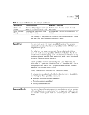 Page 339Speed Dials339
See the Help for the procedures on setting the maintenance alert author 
and specifying users to receive maintenance alerts.
Speed DialsYou can create up to 100 System Speed Dial numbers. You can also 
create system speed dial and personal speed dial button definitions and 
assign them to groups. 
Any telephone in a group has access to the same button definitions. 
Users can create personal speed dial definitions for buttons that do not 
already have a button mapping. Users can also change...