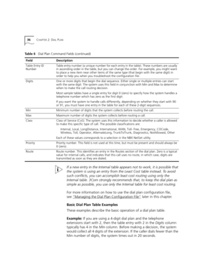 Page 3636CHAPTER 2: DIAL PLAN
If a new entry in the Internal table appears not to work, it is possible that 
the system is using an entry from the Least Cost table instead. To avoid 
such conflicts, you can accomplish least cost routing using only the 
Internal table. 3Com strongly recommends that, to keep the dial plan as 
simple as possible, you use only the Internal table for least cost routing.
For more information on how to use the dial plan configuration file, 
see “Managing the Dial Plan Configuration...