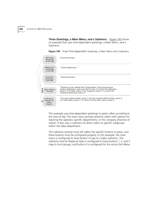 Page 366366CHAPTER 6: NBX MESSAGING
Three Greetings, a Main Menu, and a SubmenuFigure 145 shows 
an example that uses time-dependent greetings, a Main Menu, and a 
Submenu.
Figure 145   Three Time-dependent Greetings, a Main Menu and a Submenu
This example uses time-dependent greetings to greet callers according to 
the time of day. The main menu prompt presents callers with options for 
reaching the operator, specific departments, or the company directory of 
names. It also uses a submenu to direct callers to...