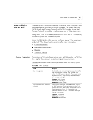 Page 373Voice Profile for Internet Mail373
Voice Profile for 
Internet MailThe NBX system transmits Voice Profile for Internet Mail (VPIM) voice mail 
messages by attaching them to e-mail messages. The system then uses 
SMTP (Simple Mail Transfer Protocol) or ESMTP (Extended Simple Mail 
Transfer Protocol) to send the e-mail message and its VPIM attachment.
Using VPIM, users on an NBX system can send voice mail to a user on any 
voice mail system that is VPIM-compliant.
Using the NBX NetSet utility, you can...