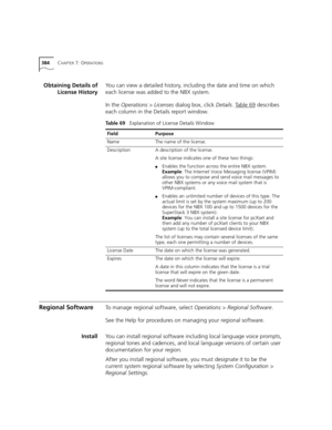 Page 384384CHAPTER 7: OPERATIONS
Obtaining Details of
License HistoryYou can view a detailed history, including the date and time on which 
each license was added to the NBX system.
In the Operations > Licenses dialog box, click Details. Table 69
 describes 
each column in the Details report window.
Regional SoftwareTo manage regional software, select Operations > Regional Software.
See the Help for procedures on managing your regional software.
InstallYou can install regional software including local language...