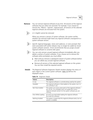 Page 385Regional Software385
RemoveYou can remove regional software at any time. All versions of the regional 
software that you select are removed. For example, if you choose to 
remove the “Mexico - Spanish” regional pack, all versions of the selected 
regional software are removed from the system.
U.S. English cannot be removed.
When you remove a version of system software, the system verifies 
whether the removal might leave any regional software unassigned to a 
system software version.
Specific regional...