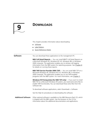 Page 3919
DOWNLOADS
This chapter provides information about downloading:
■Software
■Label Makers
■Quick Reference Sheets
SoftwareYou can download these applications to the management PC:
NBX Call Detail Reports — You can install NBX
® Call Detail Reports on 
a Microsoft Windows 95, Windows NT 4.0, Windows 98, or Windows 
2000 computer. The application enables you to retrieve call logging 
information from the NBX system for reporting purposes. See Chapter 8
 
for details on running these reports.
NBX TAPI...