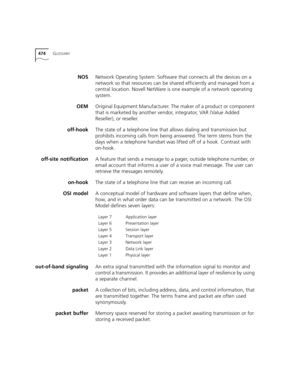 Page 474474GLOSSARY
NOSNetwork Operating System. Software that connects all the devices on a 
network so that resources can be shared efficiently and managed from a 
central location. Novell NetWare is one example of a network operating 
system.
OEMOriginal Equipment Manufacturer. The maker of a product or component 
that is marketed by another vendor, integrator, VAR (Value Added 
Reseller), or reseller. 
off-hookThe state of a telephone line that allows dialing and transmission but 
prohibits incoming calls...