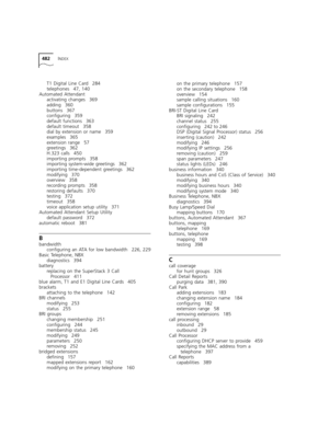 Page 482482INDEX
T1 Digital Line Card 284
telephones 47, 140
Automated Attendant
activating changes 369
adding 360
buttons 367
configuring 359
default functions 363
default timeout 358
dial by extension or name 359
examples 365
extension range 57
greetings 362
H.323 calls 450
importing prompts 358
importing system-wide greetings 362
importing time-dependent greetings 362
modifying 370
overview 358
recording prompts 358
restoring defaults 370
testing 372
timeout 358
voice application setup utility 371
Automated...