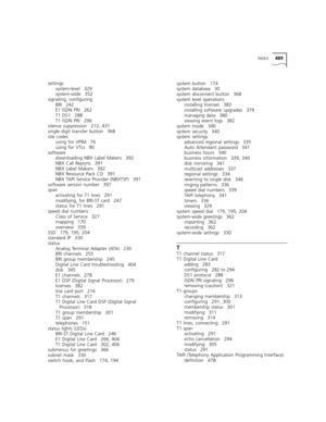 Page 489INDEX489
settings
system-level 329
system-wide 352
signaling, configuring
BRI 242
E1 ISDN PRI 262
T1 DS1 288
T1 ISDN PRI 296
silence suppression 212, 431
single digit transfer button 368
site codes
using for VPIM 76
using for VTLs 90
software
downloading NBX Label Makers 392
NBX Call Reports 391
NBX Label Makers 392
NBX Resource Pack CD 391
NBX TAPI Service Provider (NBXTSP) 391
software version number 397
span
activating for T1 lines 291
modifying, for BRI-ST card 247
status for T1 lines 291
speed dial...