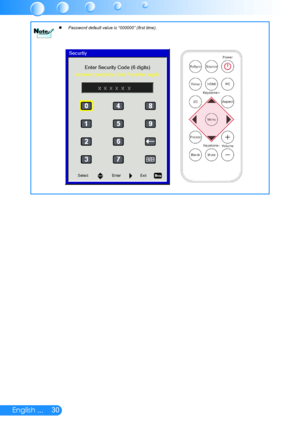 Page 3130English ...
Password default value is “000000” (first time).  NoteNote
SelectEnterExit
Securtiy
Enter Security Code (6 digits)Incorrect security code Re-enter again  