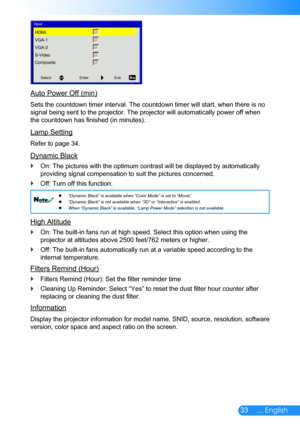 Page 3433... English
SelectEnterExit
Input
HDMI
VGA-1
VGA-2
S-Video
Composite
Auto Power Off (min)
Sets the countdown timer interval. The countdown timer will start, when there is no 
signal being sent to the projector. The projector will automatically pow\
er off when 
the countdown has finished (in minutes).
Lamp Setting
Refer to page 34.
Dynamic Black
On: The pictures with the optimum contrast will be displayed by automati\
cally  `
providing signal compensation to suit the pictures concerned.
Off: Turn off...
