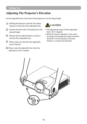 Page 1614
Adjusting The Projector’s Elevation
Use the adjustable foot at the front of the projector to set the image h\
eight.
 CAUTION
●  The adjustment range of front adjustable 
feet is 0 to 7 degrees.
● When the feet are adjusted, it may cause   
   the shape of the projected image to become 
   distorted. Use the keystone correction 
   function  to correct this distortion.
1   Holding the projector, push the foot adjust 
buttons to loosen the front adjustable foot.
12   Position the front side of the...