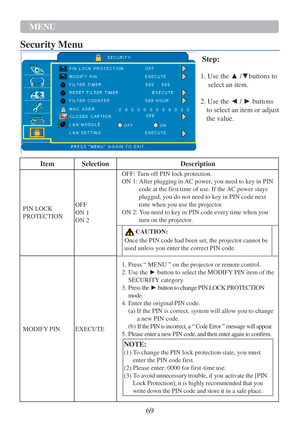 Page 7169  MENU  
 
Security   Menu   
   
  
Step: 
  1. Use the ▲ /▼buttons to  
select  an item. 
  2. Use the ◄ /  ► buttons  
to  select  an item or adjust 
the value.  
 
 
 
 
  Item   Selection  
Description  
 
 
 
 
 
PIN LOCK 
PROTECTION    
 
 
 
OFF 
ON 1  
ON 2   OFF:   T urn   o f f PIN lock   protection.  
ON 1:   After   plugging   in   AC powe r , you need   to   key   in   PIN 
code at the first   time of use. If the   AC power stays 
plugged,   you do not   need   to   key   in   PIN code...