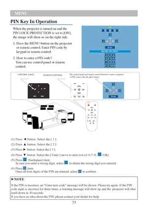 Page 7573  MENU   
   
  
   
   
   
  
PIN Key In Operation 
 
When  the projector is turned on  and the 
PI N LOCK PROTECTION is  set to [ON], 
th e image will show as on  the right side.  
 
1. Press  the MENU button on  the projector 
or remote control. Enter  PIN code by 
keypad or remote control.  
 
2. How to enter a  PIN code?  
You  can us e control panel or remote 
control.  
  CONTROL PANEL  REMOTE CONTROL  The control panel and remote
 control buttons 
to enter a sequence 
of PIN code  is like the...